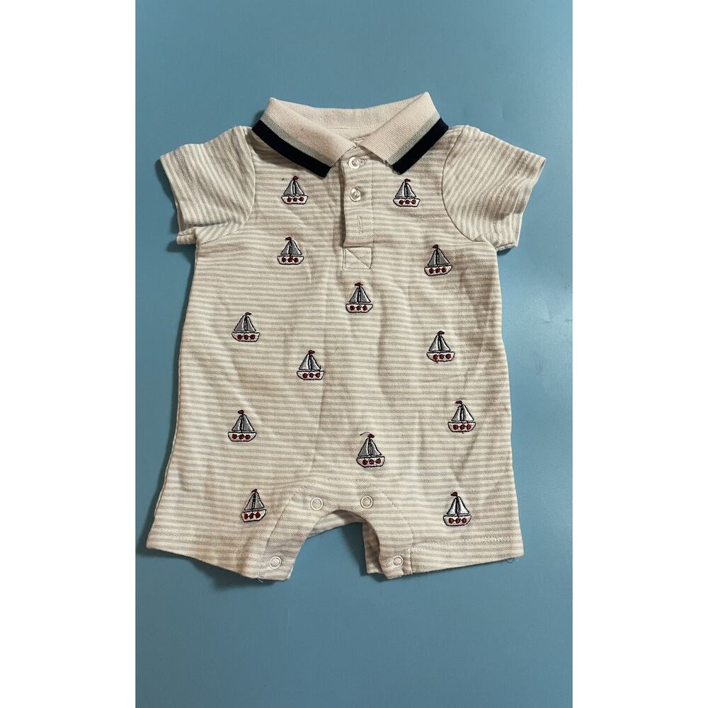 Laura Ashley Infant Boy Romper Blue White Striped w/Sailboats Size 6-9 Months